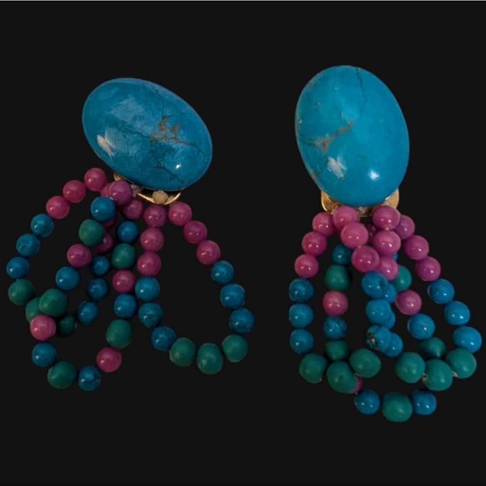 Vintage Karla Jordan Turquoise blue‎ Howling beaded boho earrings NWT